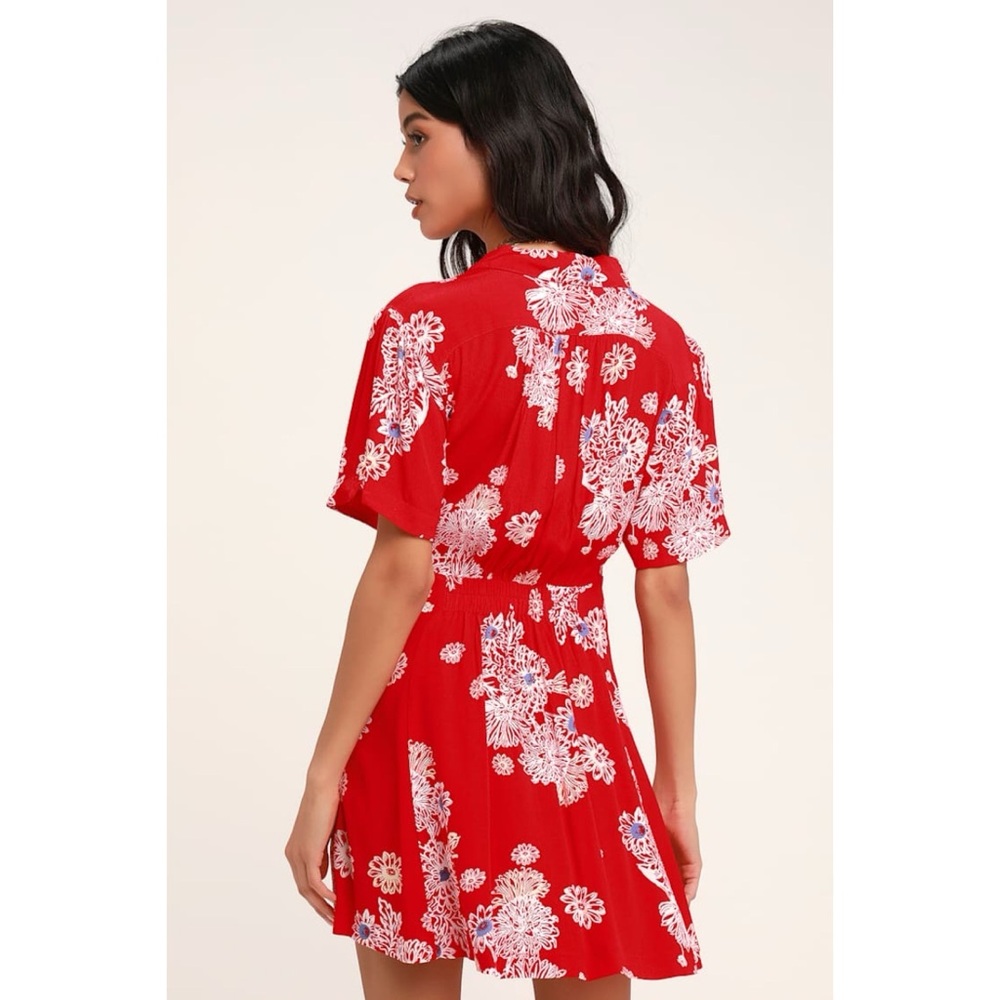 Free People Blue Hawaii Red Floral Print Short Sleeve Mini Dress A-Line Boho - Picture 2 of 14